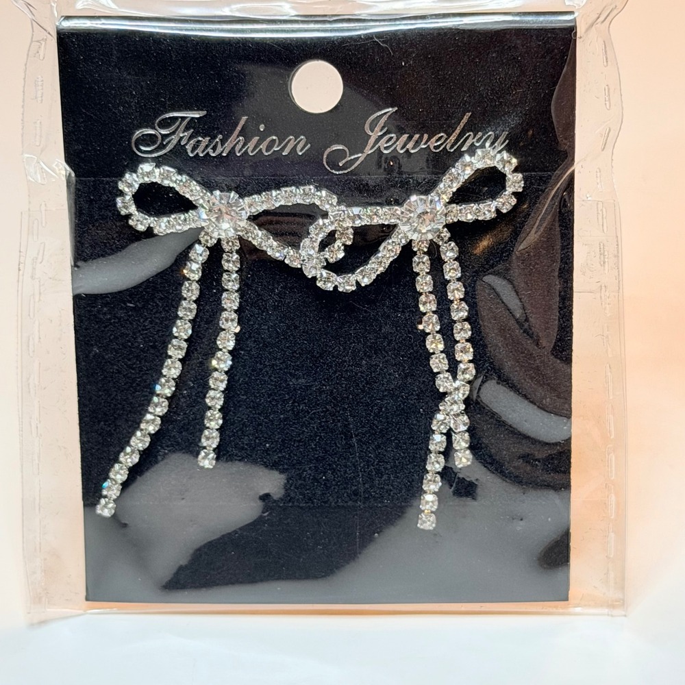 Silver Rhinestone Bow Tassel Drop Earrings Dainty Coquette Sparkly Studs